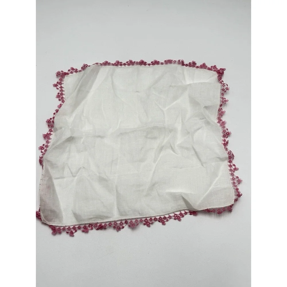 Vintage Linen Handkerchief Set 2 Tatting Lace Trim Pink Yellow Wedding Hankies